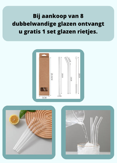 Betrahan Handgeblazen Dubbelwandige Glazen - 150ML Set van 4 - Koffieglazen - Theeglazen - Gratis Glazen Rietjes
