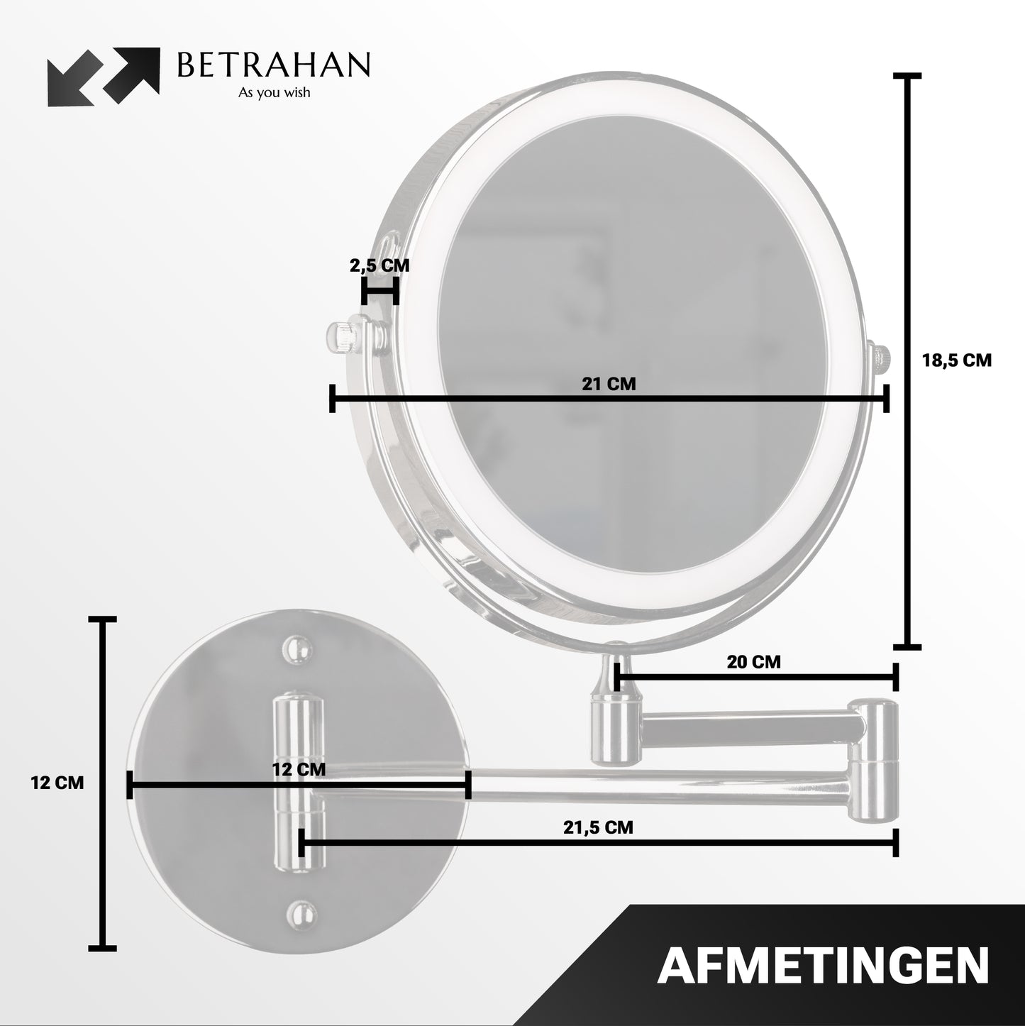 Betrahan - Led Make-Up Spiegel - 7x Vergroot Functie - Chroom - Dim Functie - 3 Kleuren Licht - Wandspiegel Rond