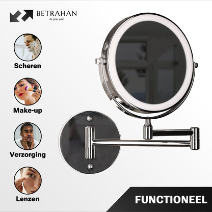 Betrahan - Led Make-Up Spiegel - 7x Vergroot Functie - Chroom - Dim Functie - 3 Kleuren Licht - Wandspiegel Rond