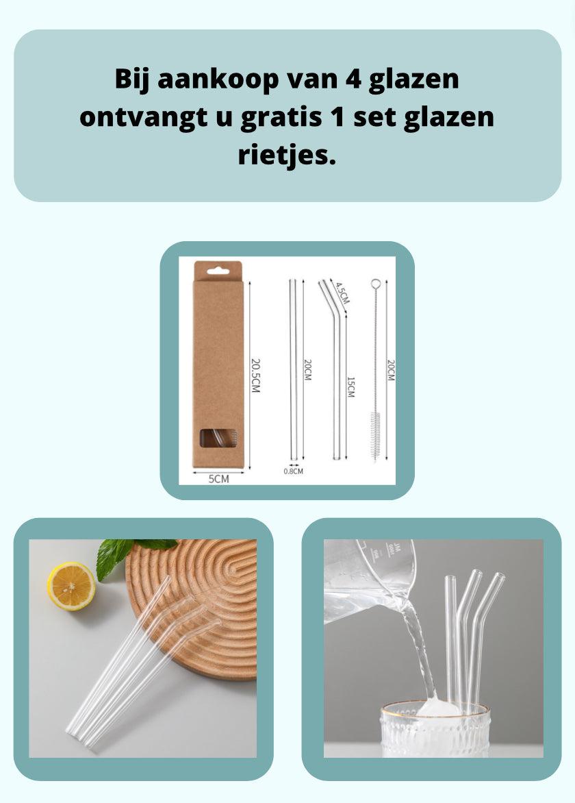 Betrahan Handgeblazen Dubbelwandige Glazen - 350ML Set van 4 - Theeglazen - Koffieglazen - Gratis Glazen Rietjes