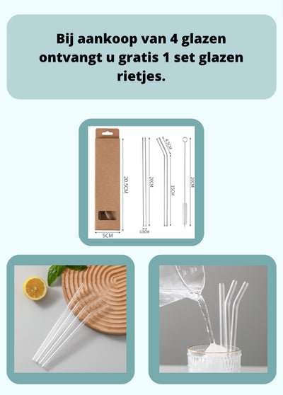 Betrahan Handgeblazen Dubbelwandige Glazen - 350ML Set van 4 - Theeglazen - Koffieglazen - Gratis Glazen Rietjes