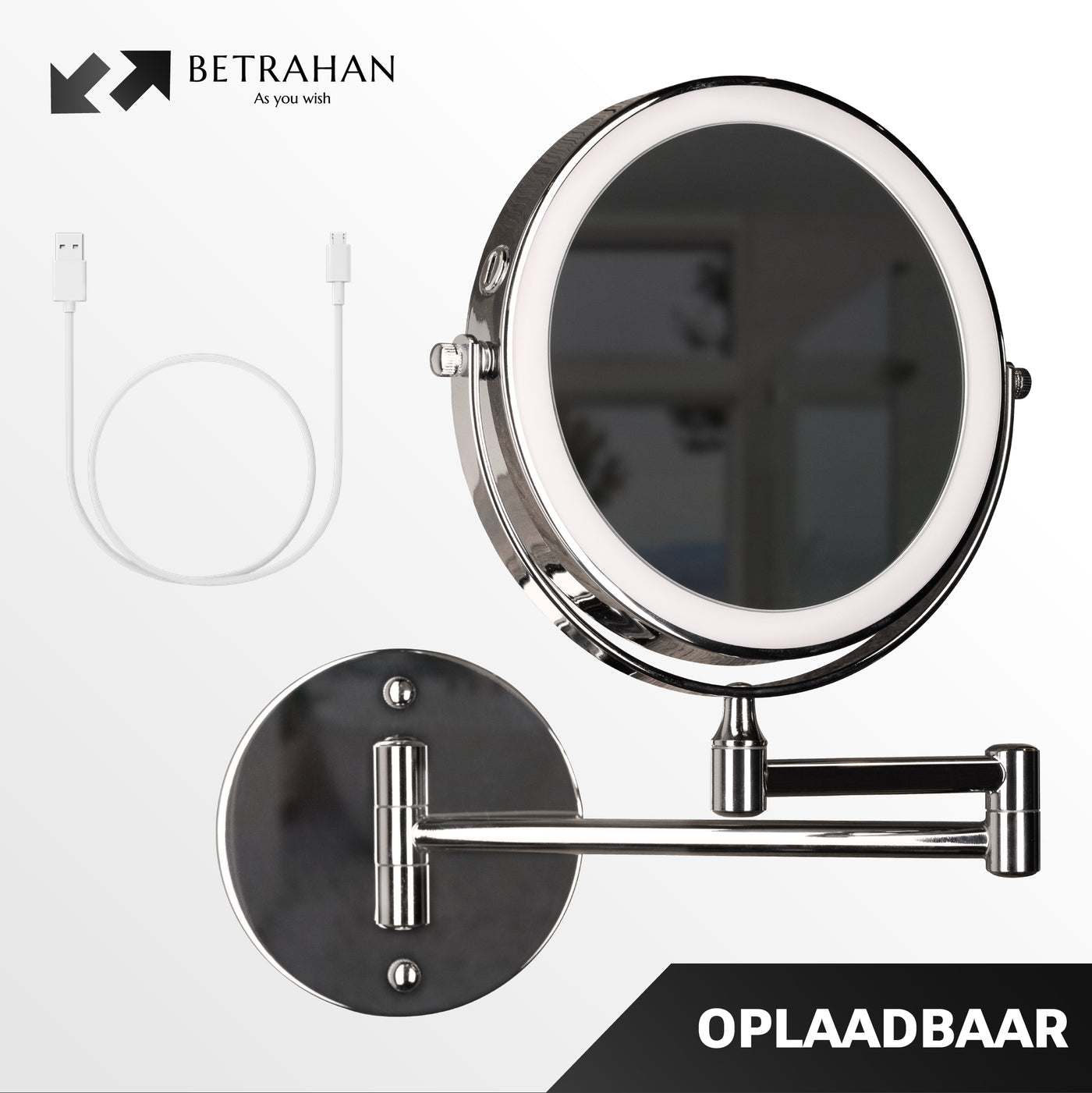 Betrahan - Led Make-Up Spiegel - 7x Vergroot Functie - Chroom - Dim Functie - 3 Kleuren Licht - Wandspiegel Rond