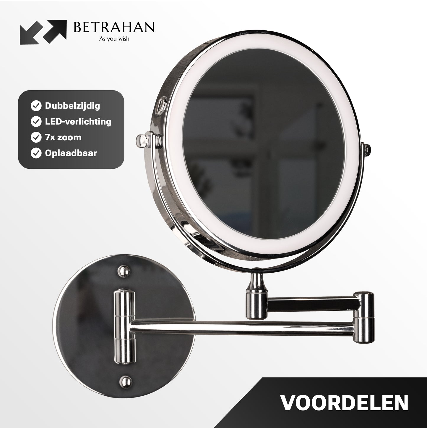 Betrahan - Led Make-Up Spiegel - 7x Vergroot Functie - Chroom - Dim Functie - 3 Kleuren Licht - Wandspiegel Rond