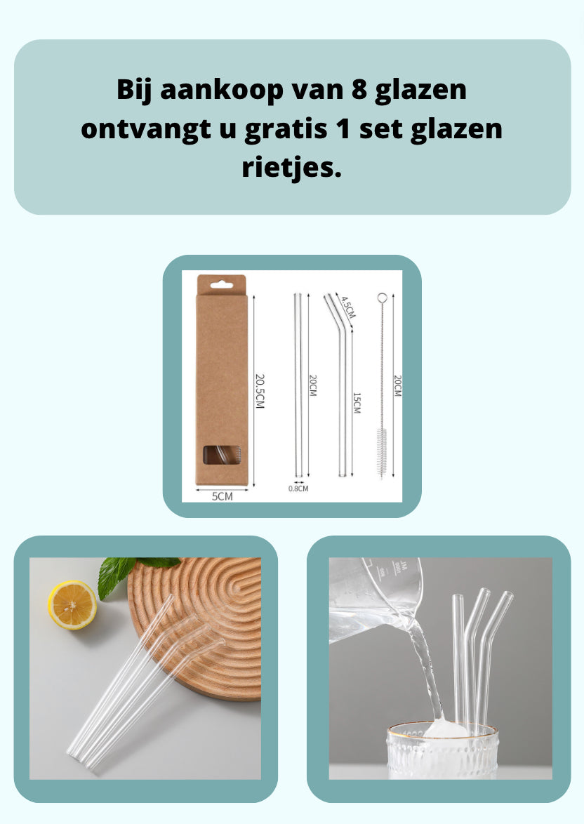 Betrahan Drinkglazen - Set van 4 - 350ML - Frisdrankglazen - Waterglazen - Glazen - Gratis Glazen Rietjes